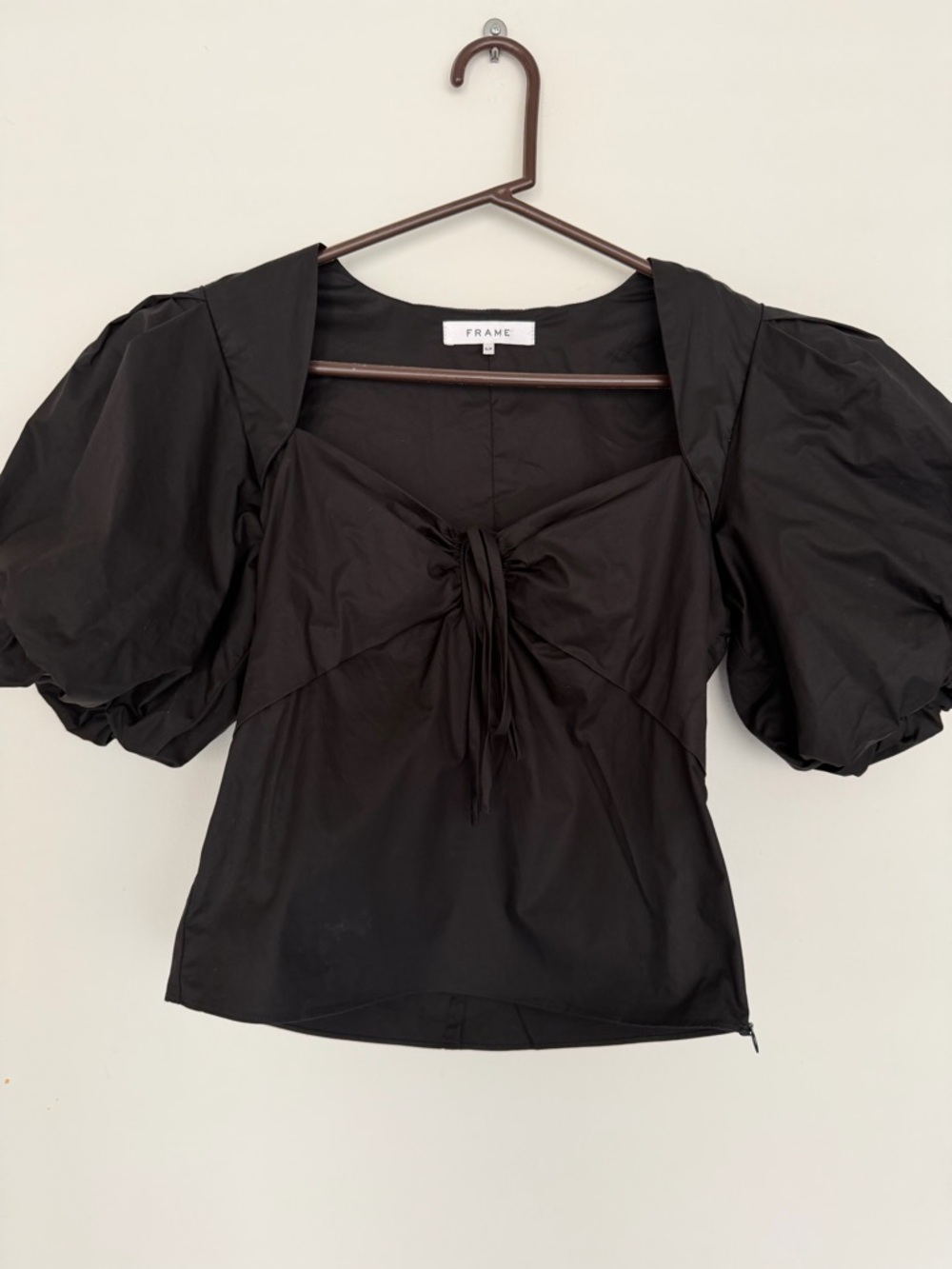 Frame Denim Black Puff-Sleeve Tie-Front Blouse